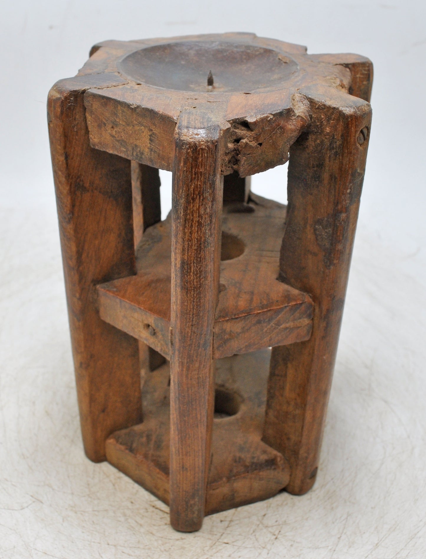 Antique Wooden Candle Holder Stand Original Old Hand Carved