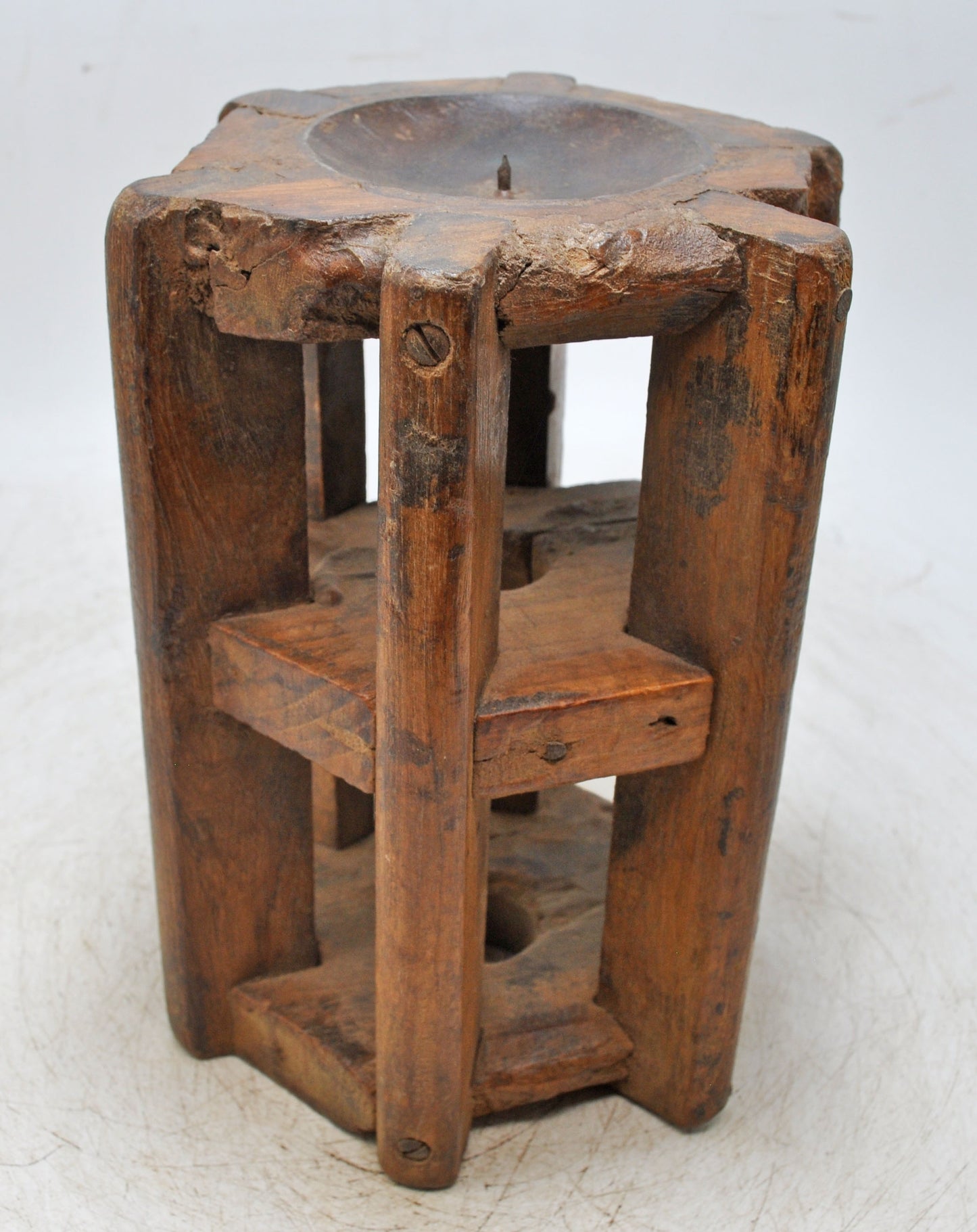 Antique Wooden Candle Holder Stand Original Old Hand Carved