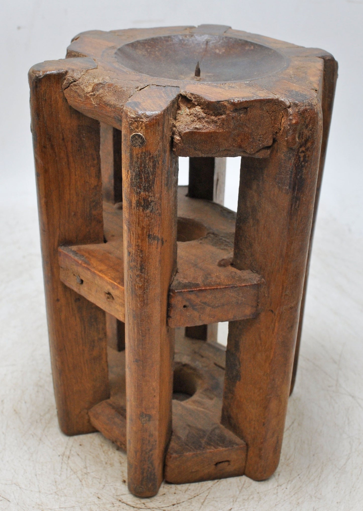 Antique Wooden Candle Holder Stand Original Old Hand Carved