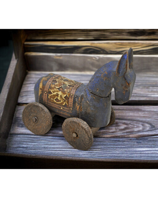 Vintage Wooden Small Horse on Wheels Figurine Original Old Hand Carved