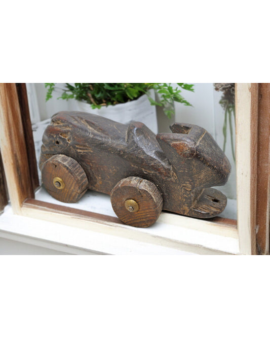 Antique Wooden Cow on Wheels Figurine Original Old Hand Carved