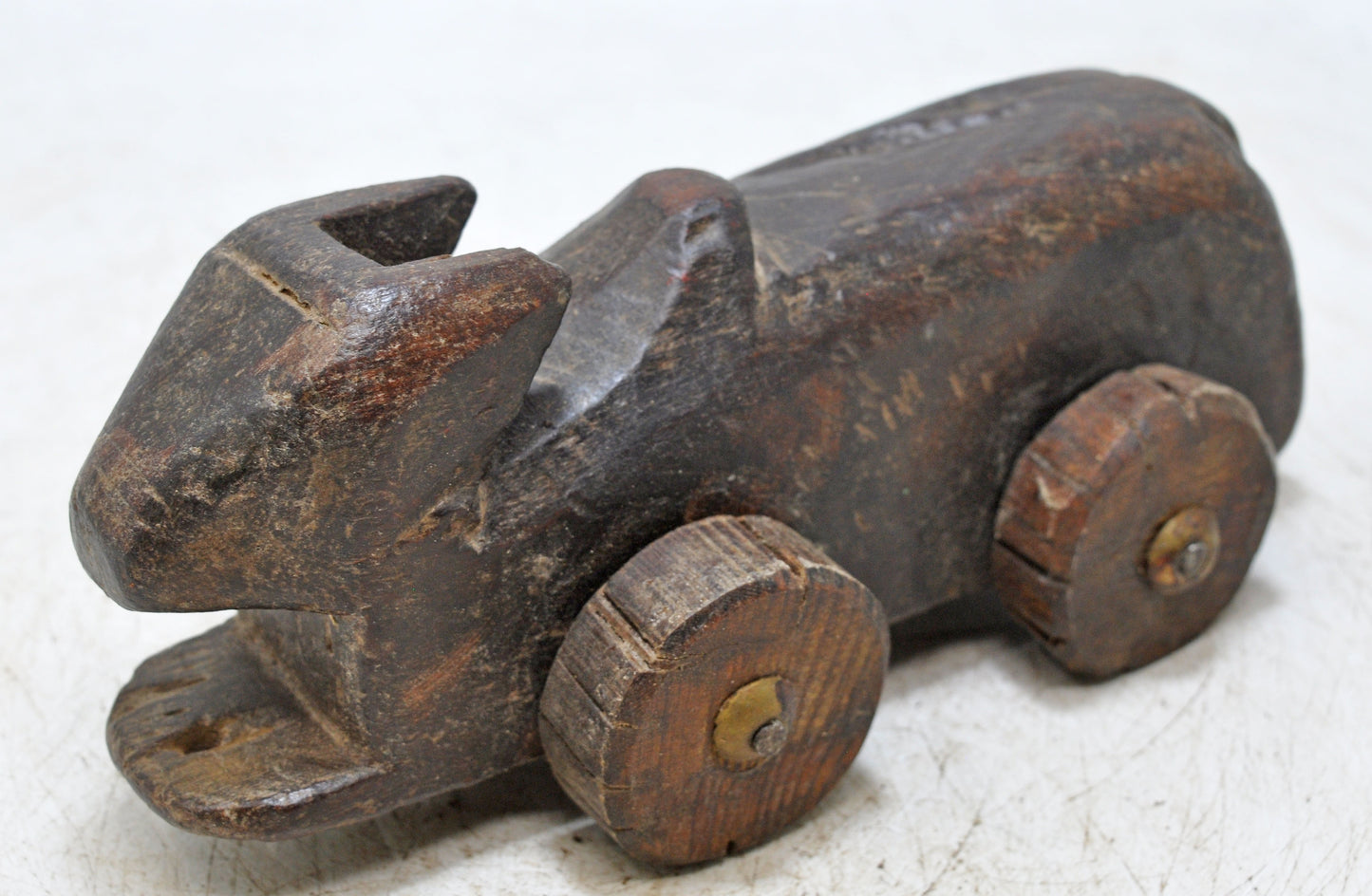 Antique Wooden Cow on Wheels Figurine Original Old Hand Carved
