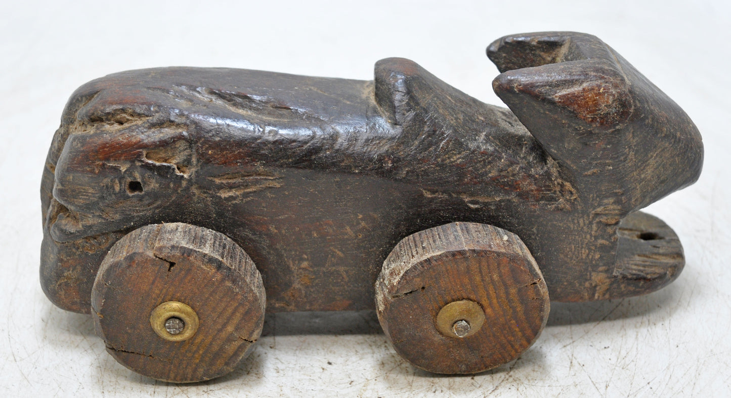 Antique Wooden Cow on Wheels Figurine Original Old Hand Carved