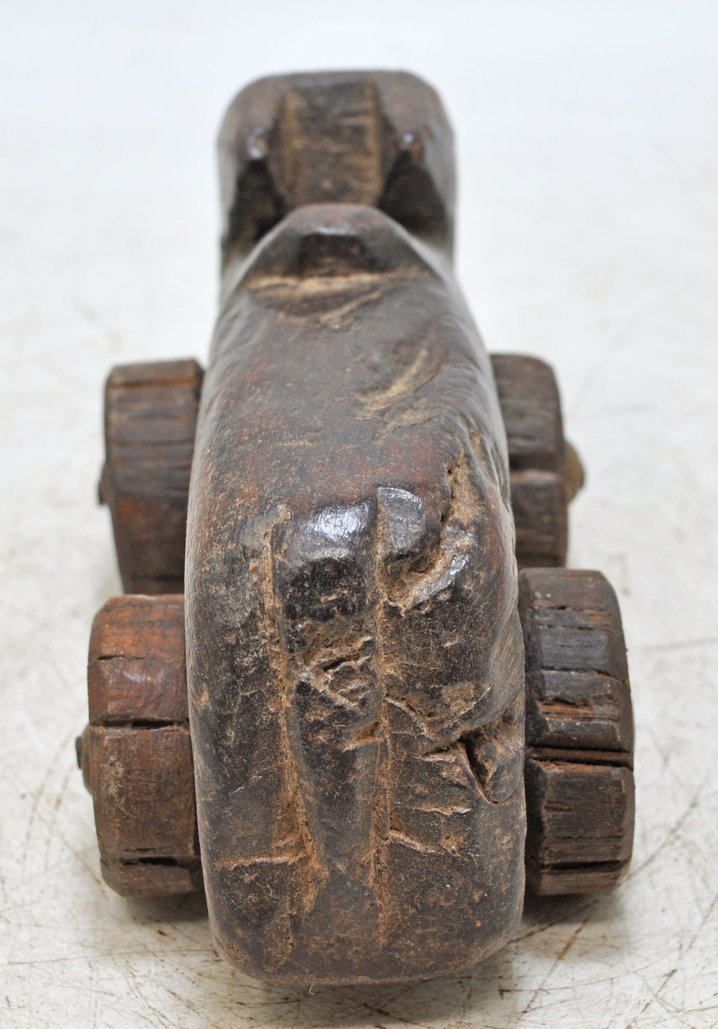 Antique Wooden Cow on Wheels Figurine Original Old Hand Carved
