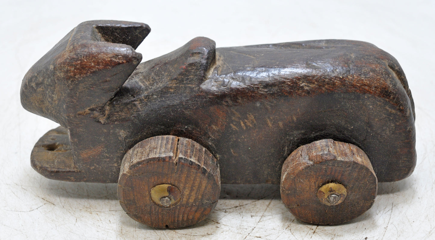 Antique Wooden Cow on Wheels Figurine Original Old Hand Carved