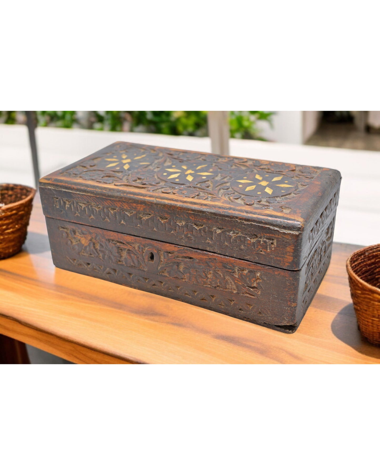 Antique Wooden Jewelery Storage Box Original Old Fine Hand Carved