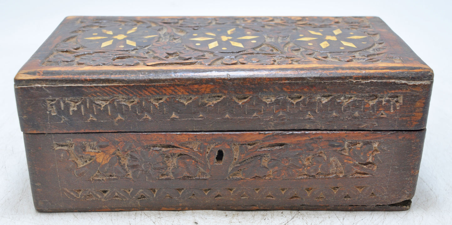 Antique Wooden Jewelery Storage Box Original Old Fine Hand Carved