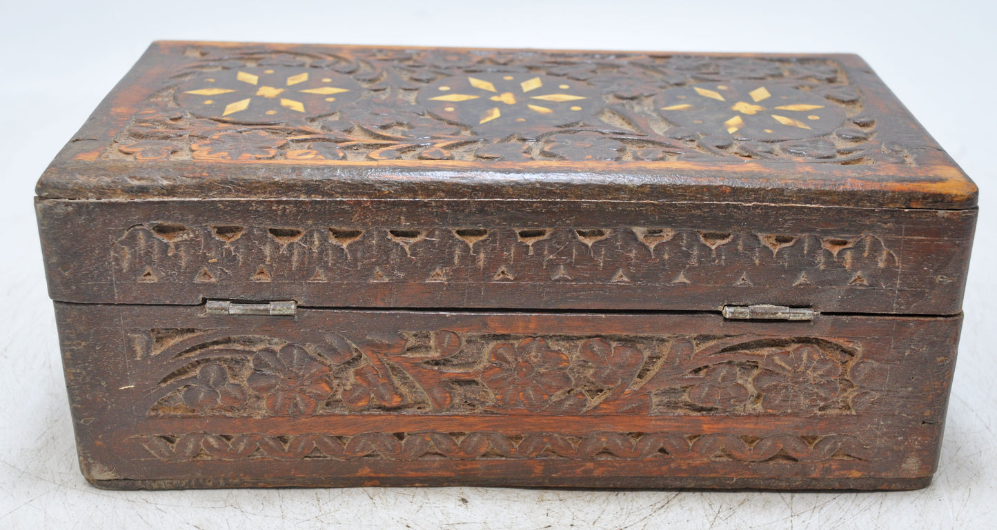 Antique Wooden Jewelery Storage Box Original Old Fine Hand Carved