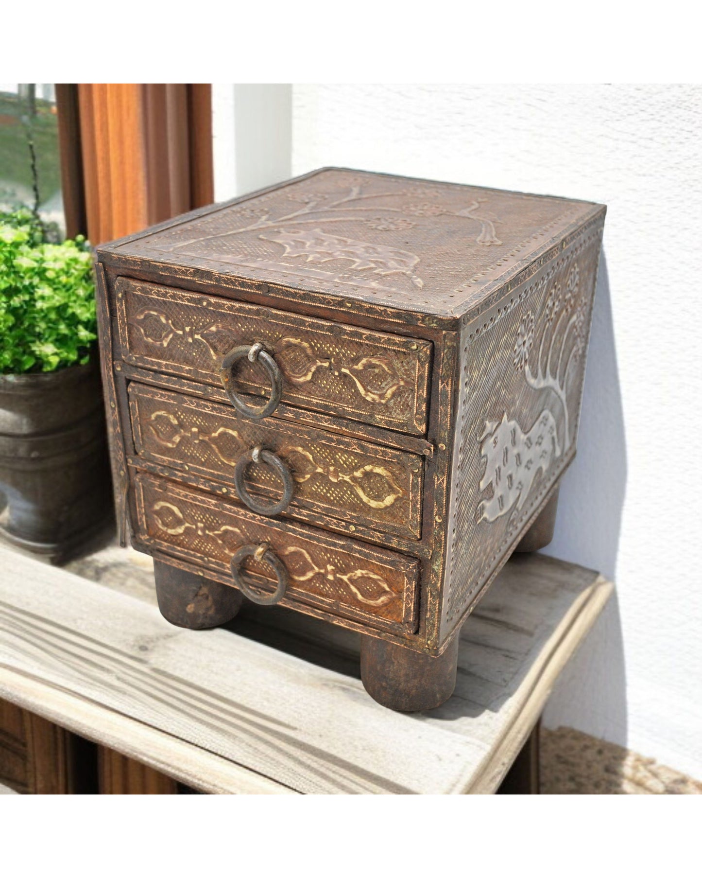 Antique Wooden Small Drawers Storage Box Original Old Fine Brass Fitted