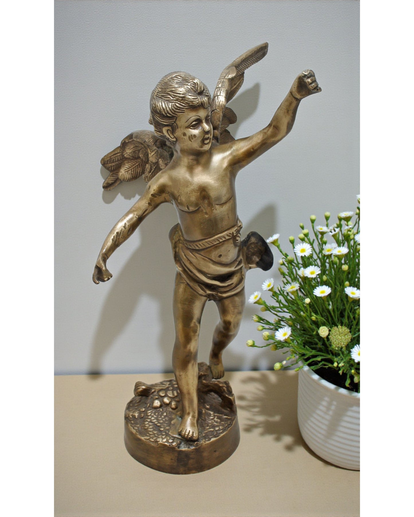Antique Brass Large Baby Angel Figurine Statue Original Old Fine Hand Crafted Engraved
