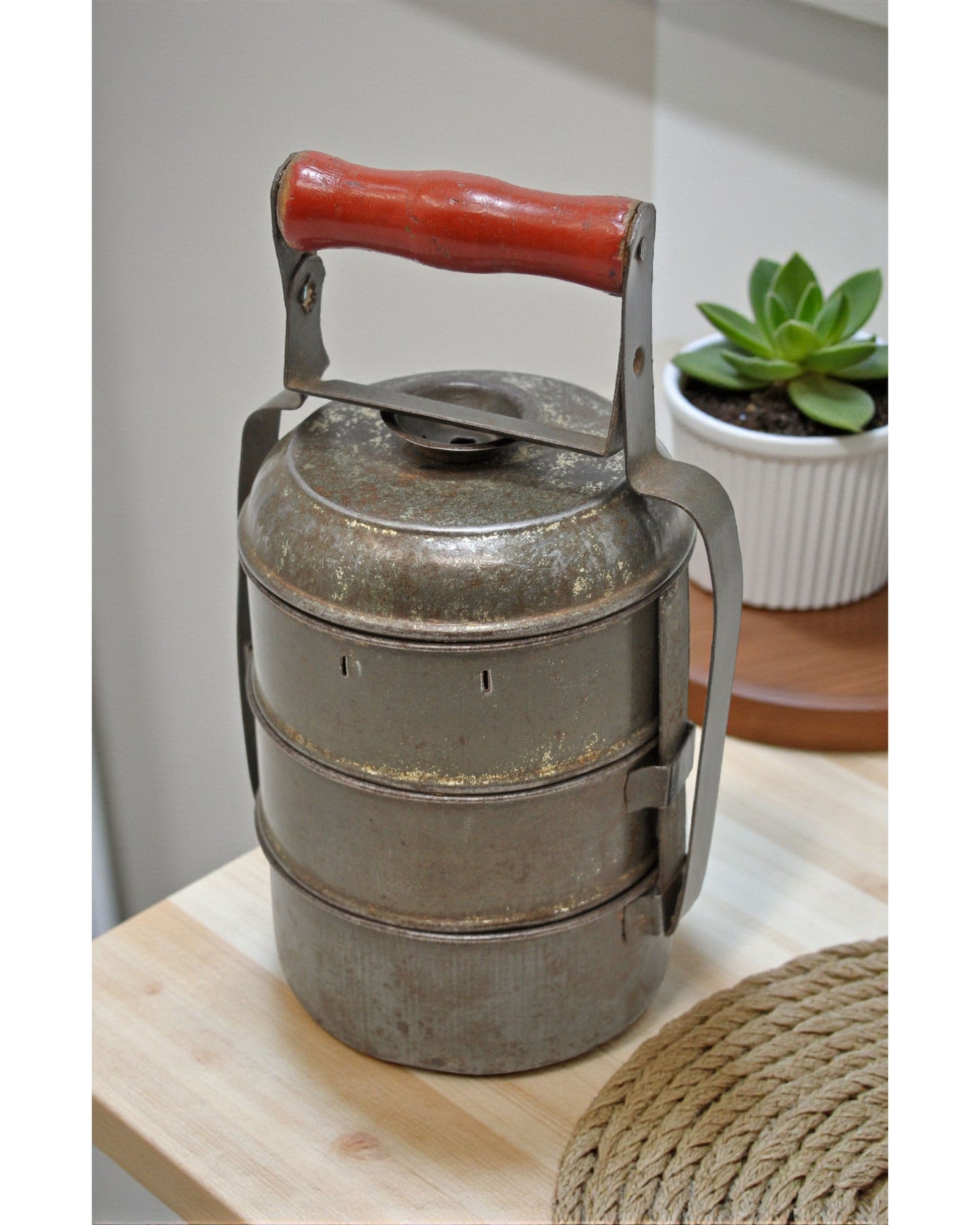 Vintage Iron Tin Small Tiffin Food Box Original Old Hand Crafted