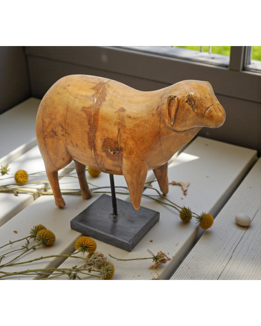 Vintage Wooden Sheep Figurine on Stand Original Old Hand Carved