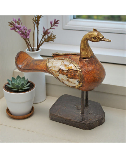 Vintage Wooden Peacock Figurine Original Old Hand Carved MOP Fitted