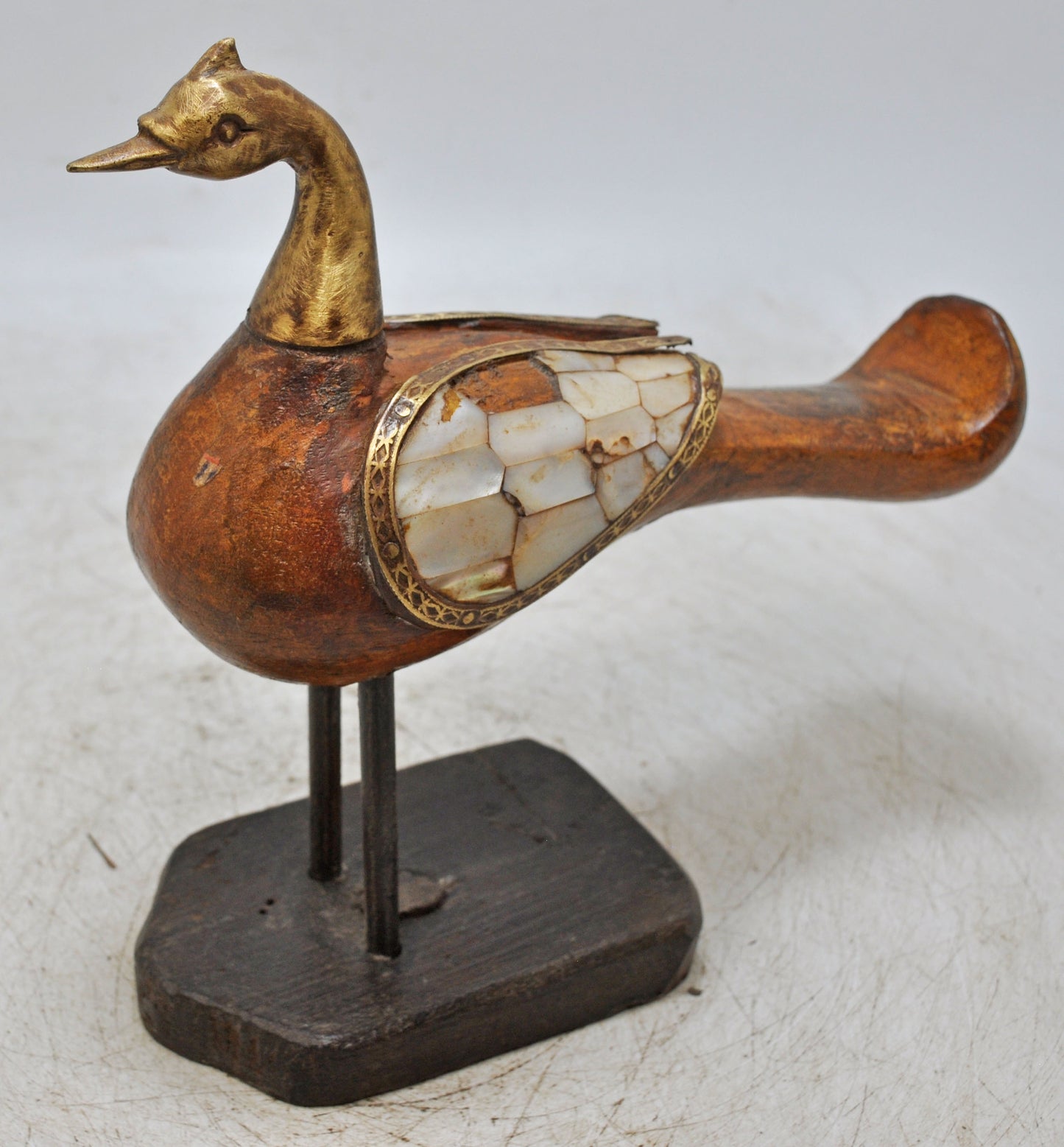 Vintage Wooden Peacock Figurine Original Old Hand Carved MOP Fitted