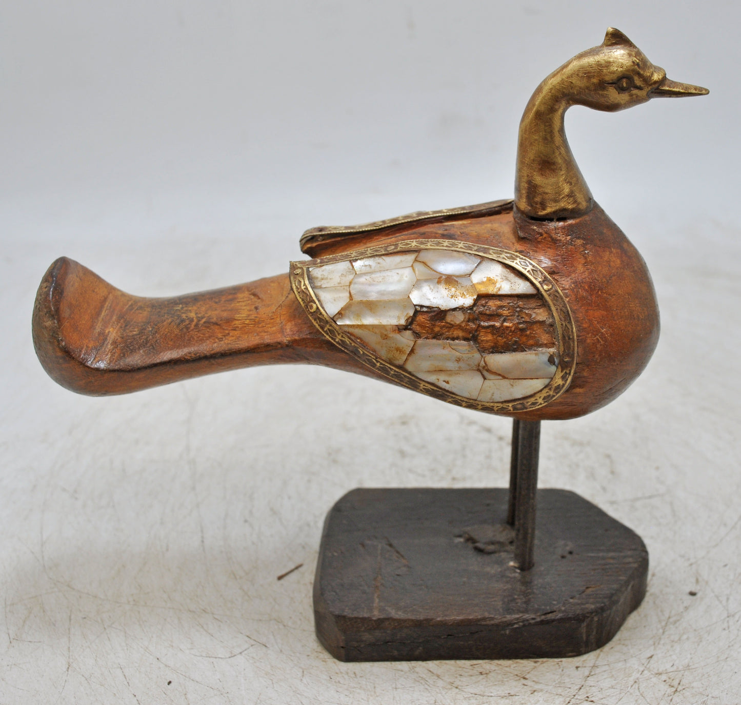 Vintage Wooden Peacock Figurine Original Old Hand Carved MOP Fitted