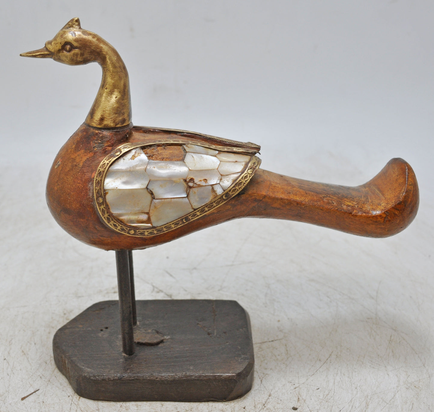 Vintage Wooden Peacock Figurine Original Old Hand Carved MOP Fitted