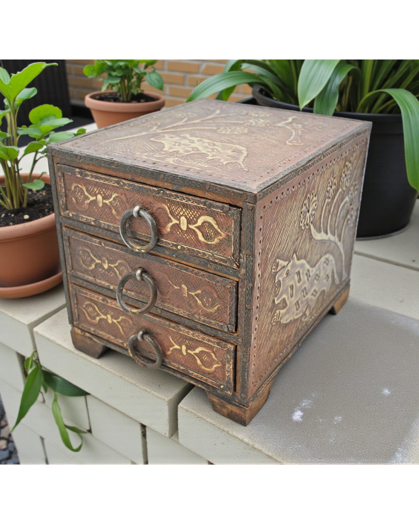 Antique Wooden 3 Drawers Storage Box Original Old Fine Brass Fitted