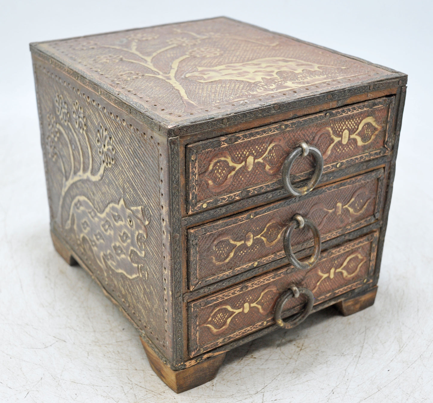 Antique Wooden 3 Drawers Storage Box Original Old Fine Brass Fitted