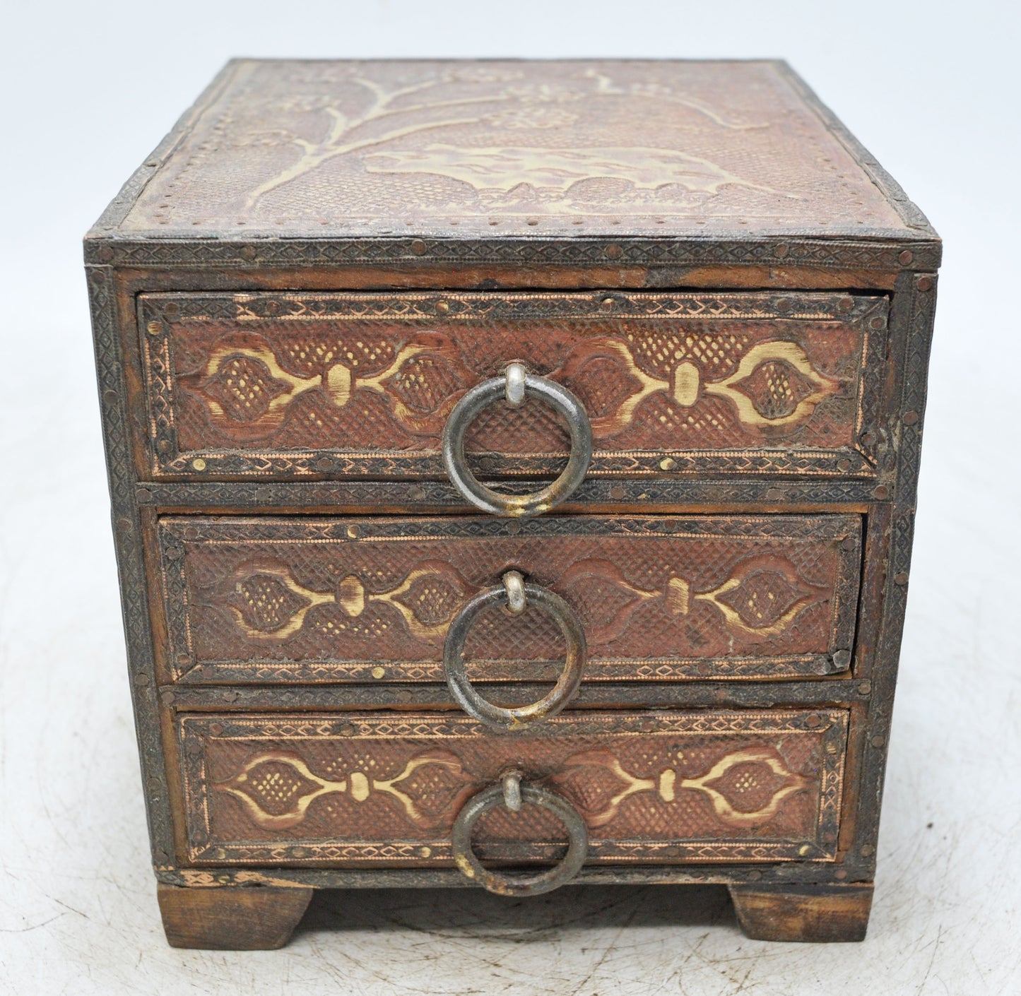Antique Wooden 3 Drawers Storage Box Original Old Fine Brass Fitted