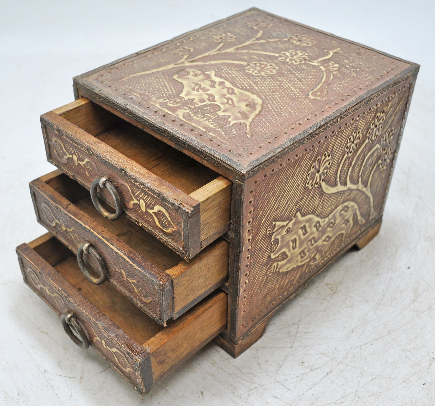 Antique Wooden 3 Drawers Storage Box Original Old Fine Brass Fitted