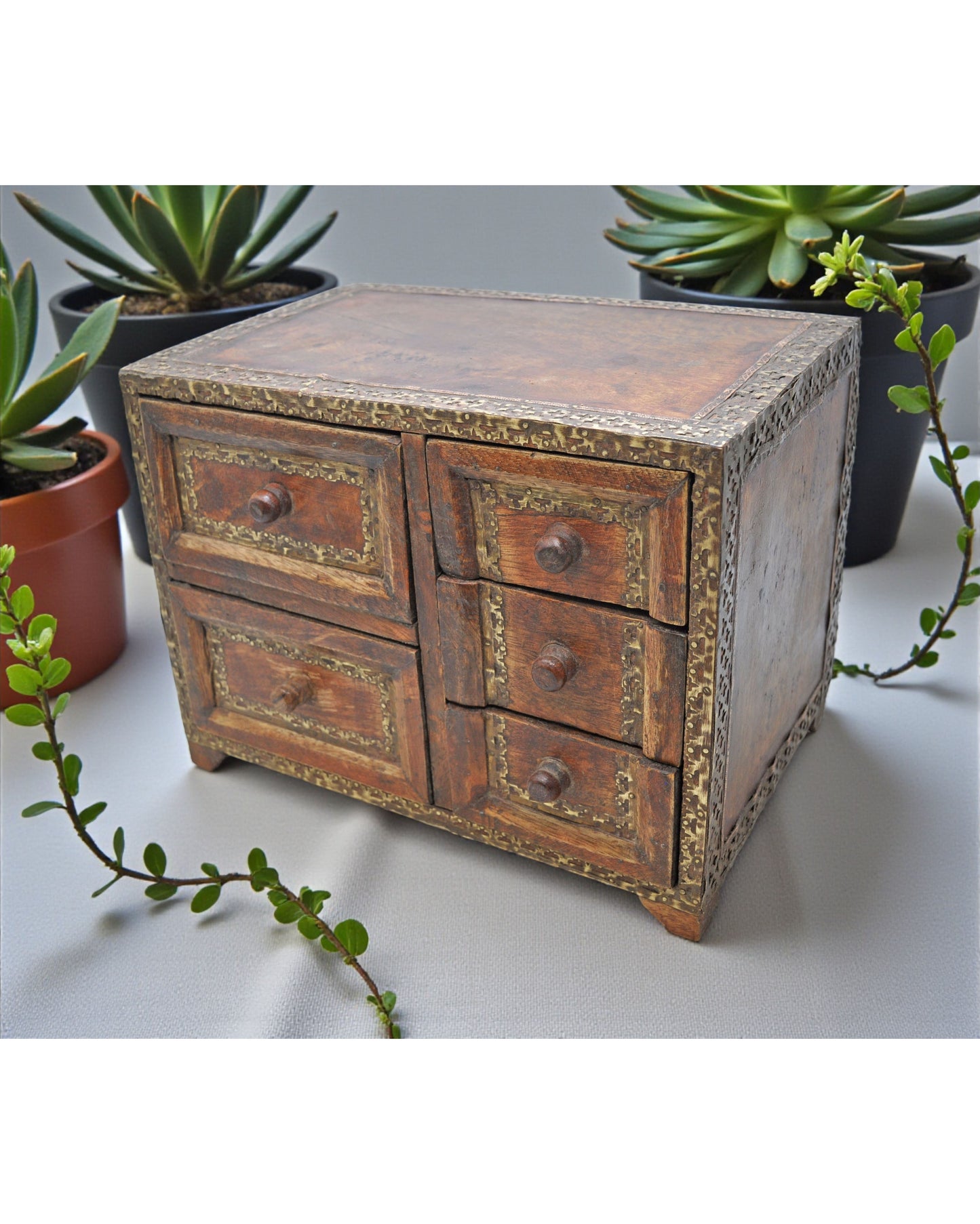Vintage Wooden Miniature Cabinet Storage Box Original Old Hand Crafted Brass Fitted
