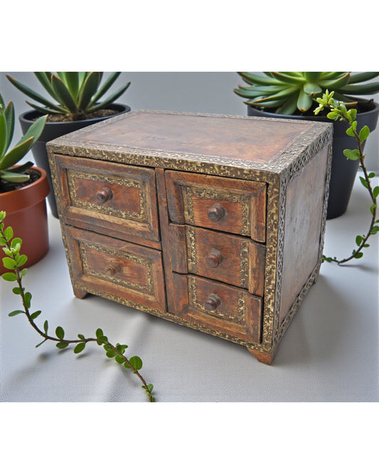 Vintage Wooden Miniature Cabinet Storage Box Original Old Hand Crafted Brass Fitted