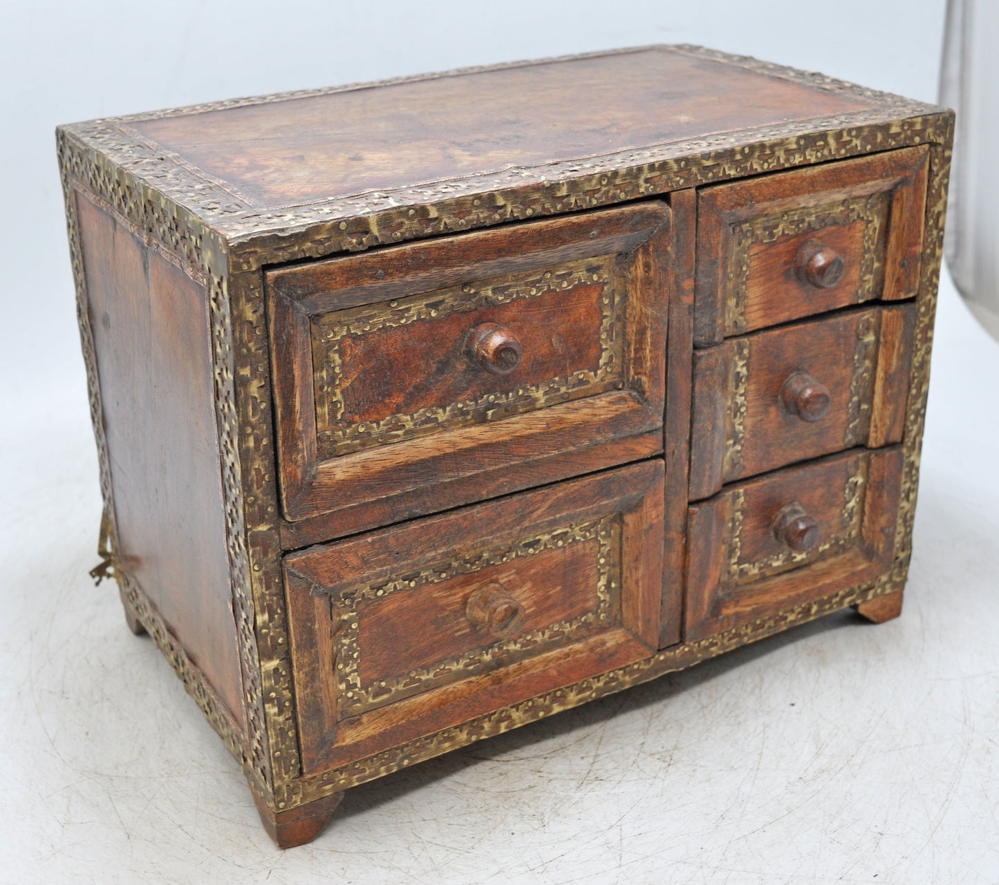 Vintage Wooden Miniature Cabinet Storage Box Original Old Hand Crafted Brass Fitted