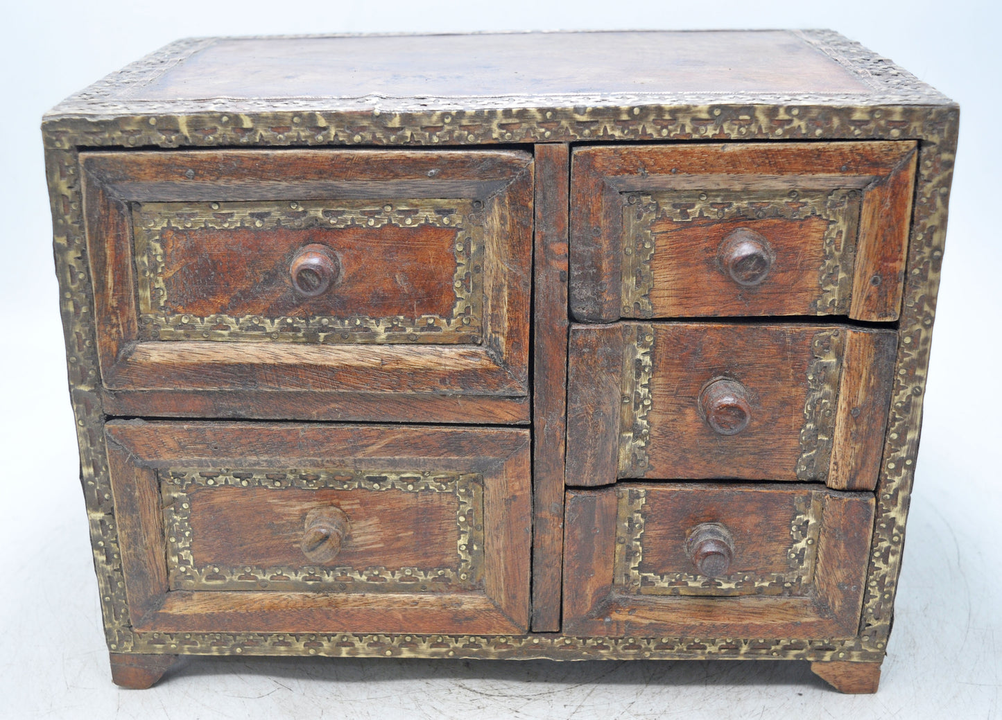 Vintage Wooden Miniature Cabinet Storage Box Original Old Hand Crafted Brass Fitted