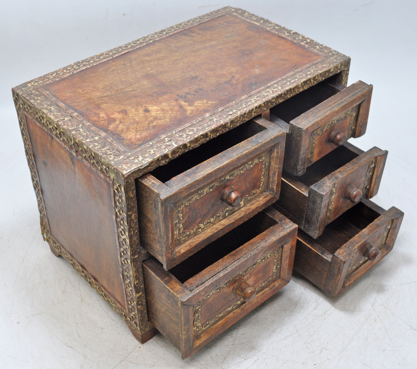 Vintage Wooden Miniature Cabinet Storage Box Original Old Hand Crafted Brass Fitted