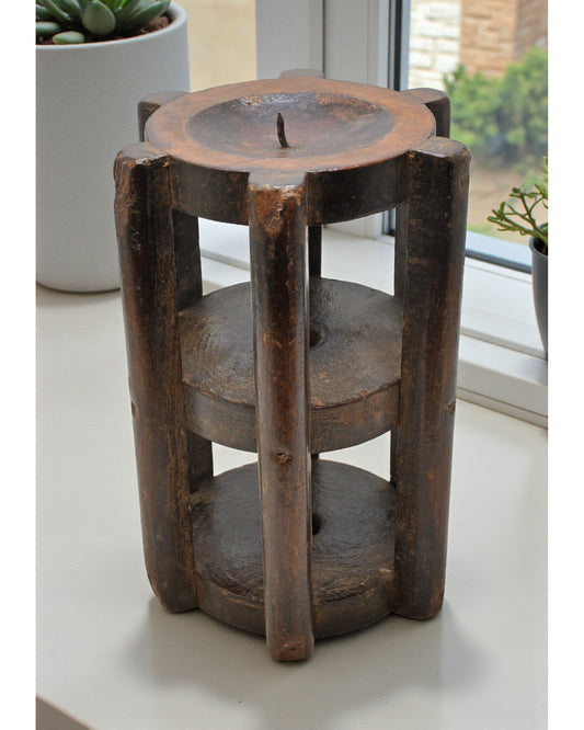 Vintage Wooden Candle Holder Stand Original Old Hand Carved