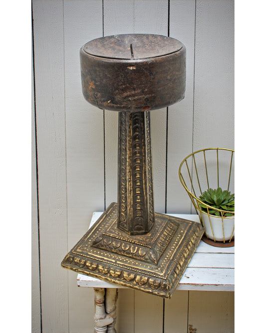 Antique Wooden Brass Candle Holder Stand Original Old Very Fine Embossed