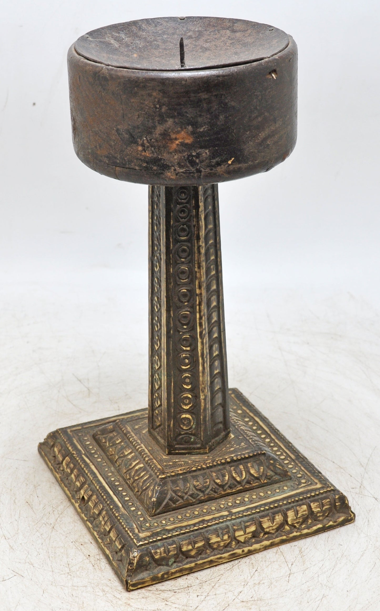Antique Wooden Brass Candle Holder Stand Original Old Very Fine Embossed