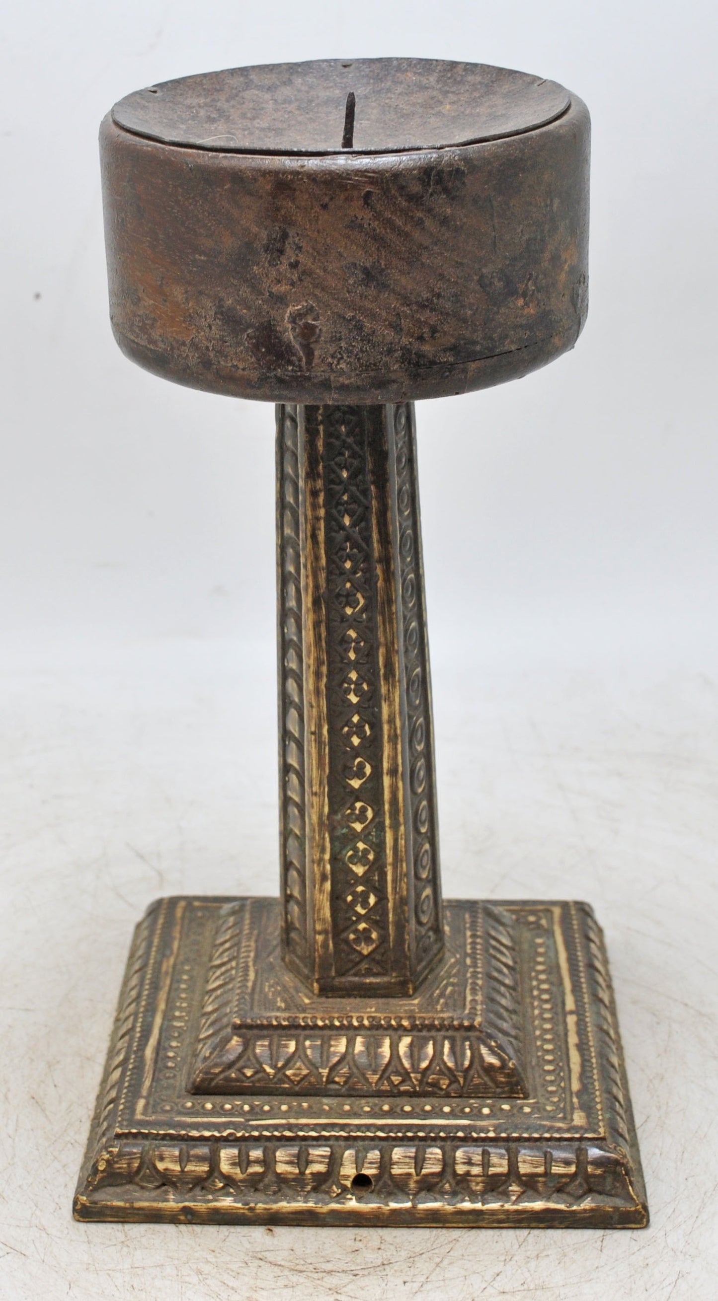 Antique Wooden Brass Candle Holder Stand Original Old Very Fine Embossed
