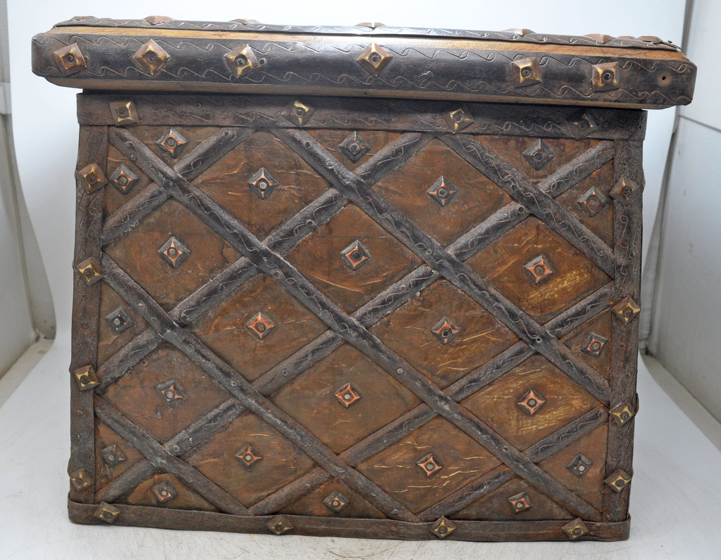 Antique Wooden Large Storage Chest Box Original Old Fine Brass Metal Fitted