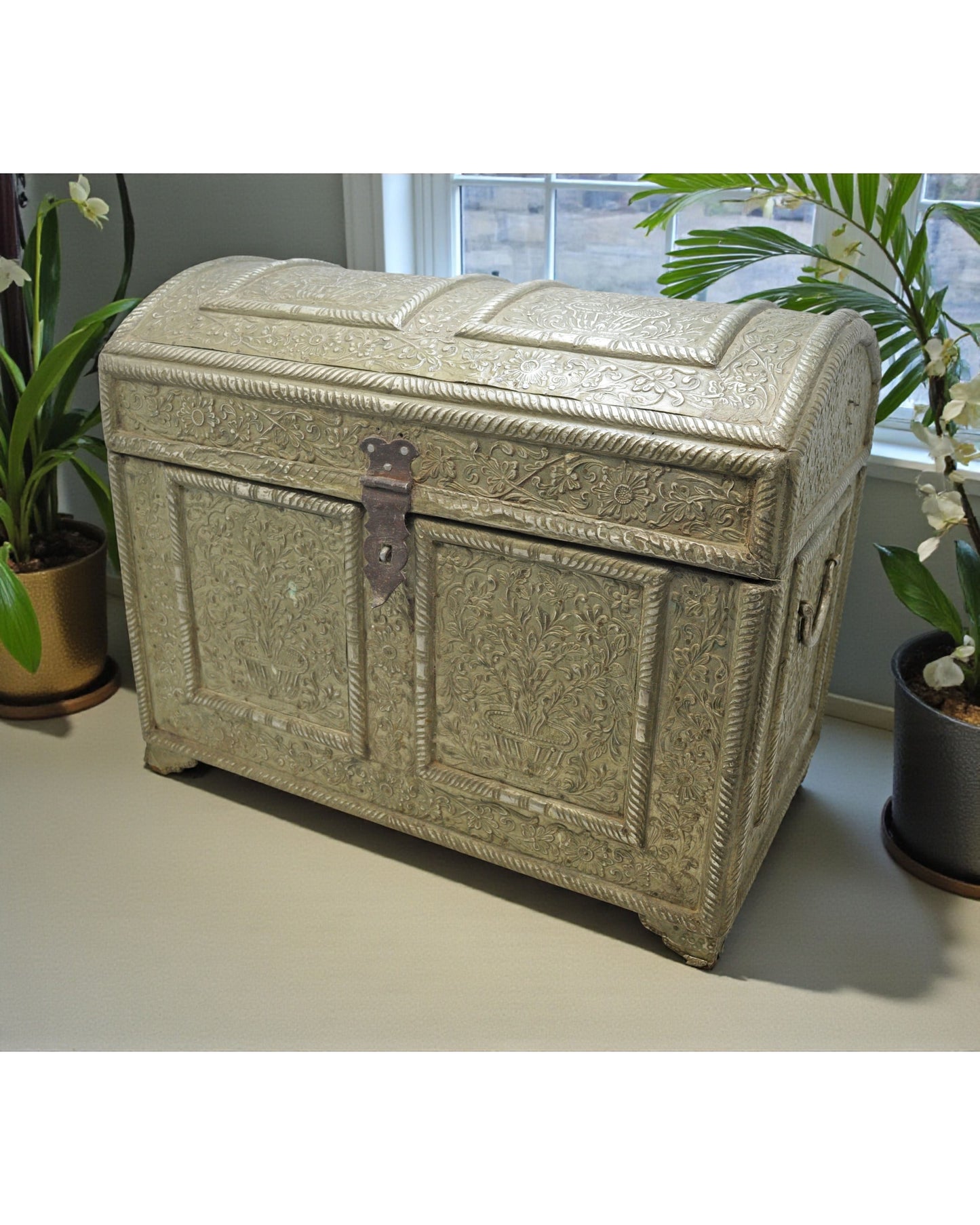 Antique Wooden Large Storage Chest Box Original Old Fine White Metal Fitted