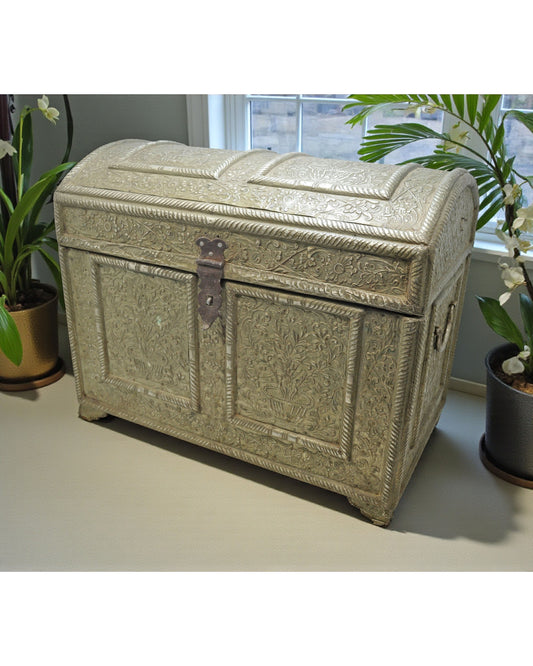Antique Wooden Large Storage Chest Box Original Old Fine White Metal Fitted