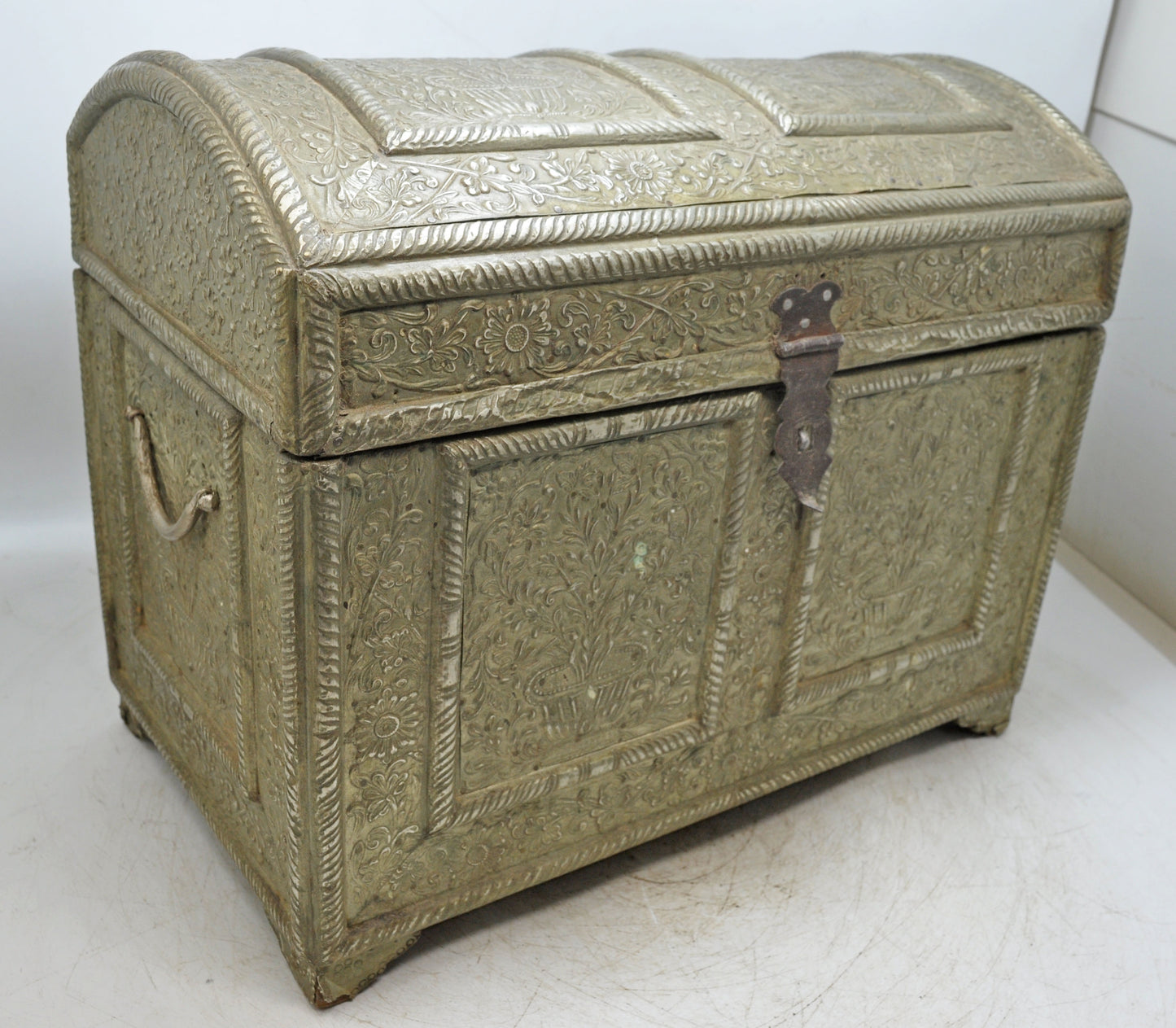 Antique Wooden Large Storage Chest Box Original Old Fine White Metal Fitted