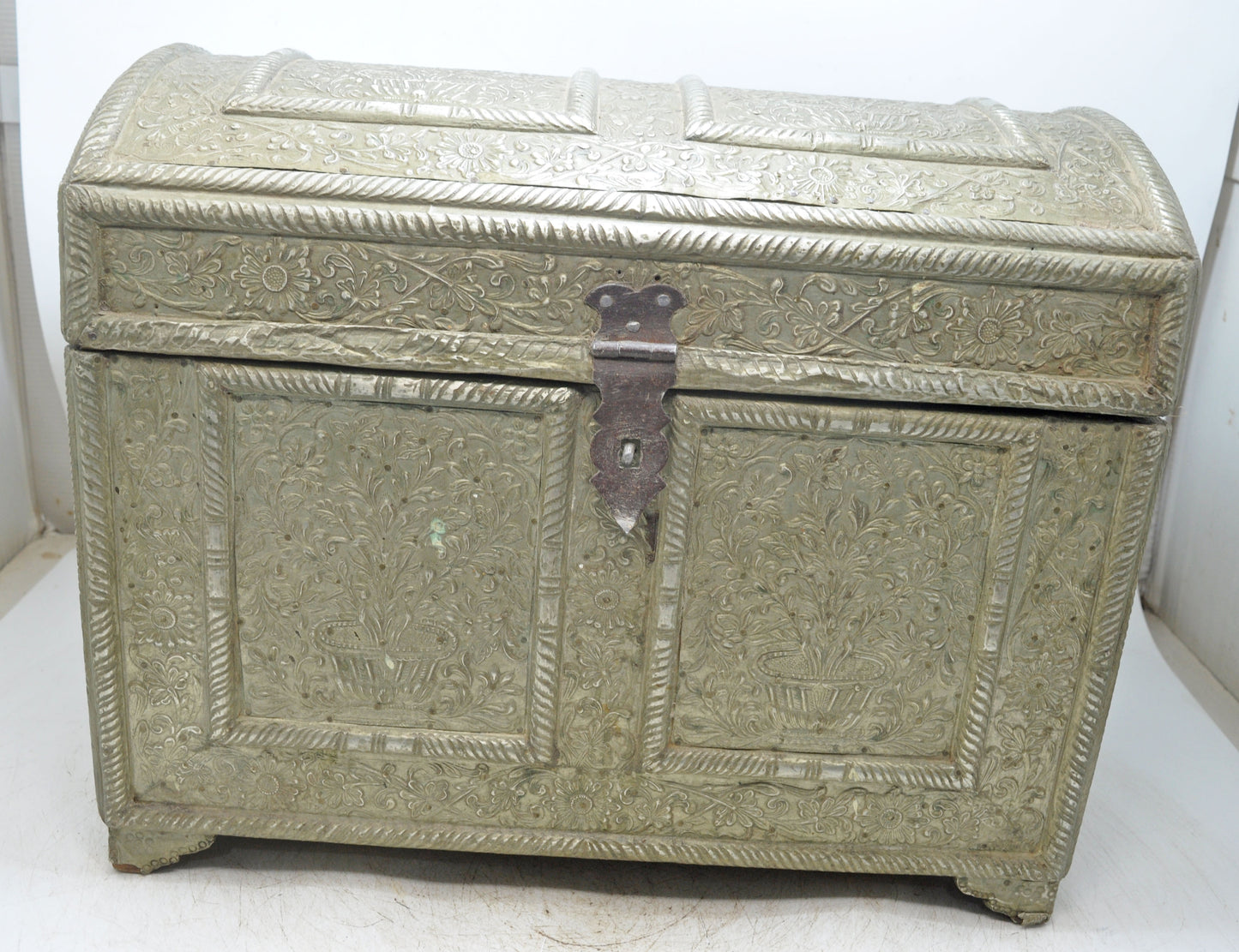 Antique Wooden Large Storage Chest Box Original Old Fine White Metal Fitted