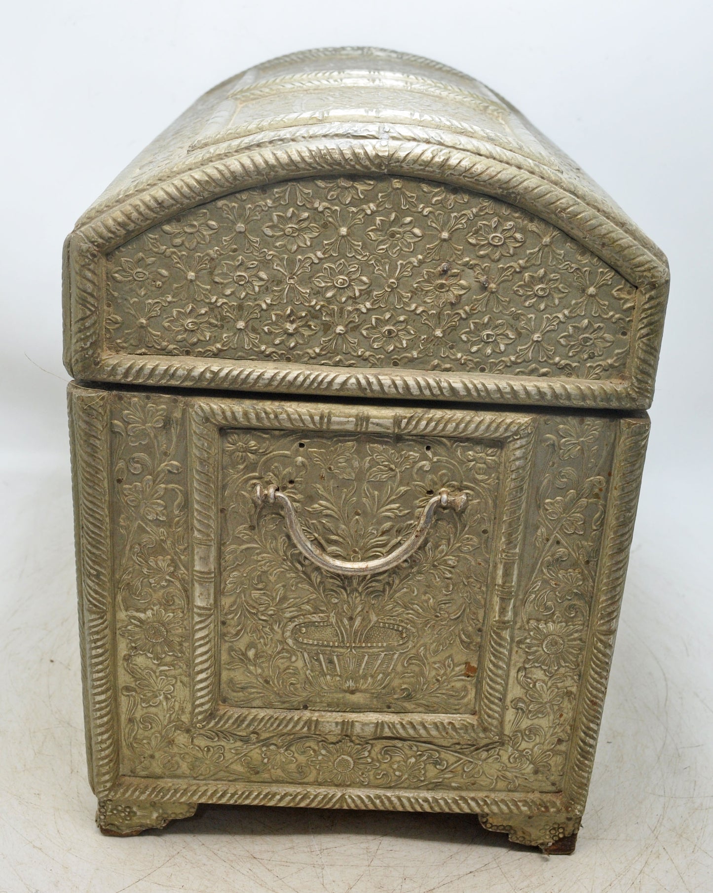 Antique Wooden Large Storage Chest Box Original Old Fine White Metal Fitted