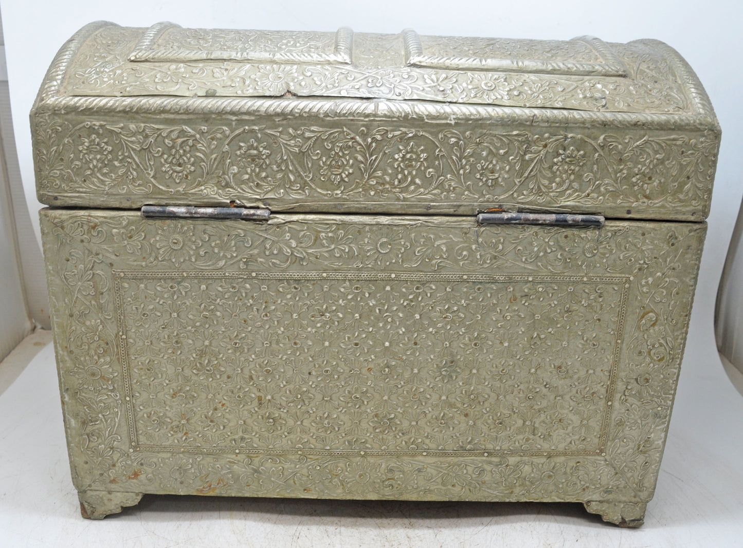 Antique Wooden Large Storage Chest Box Original Old Fine White Metal Fitted