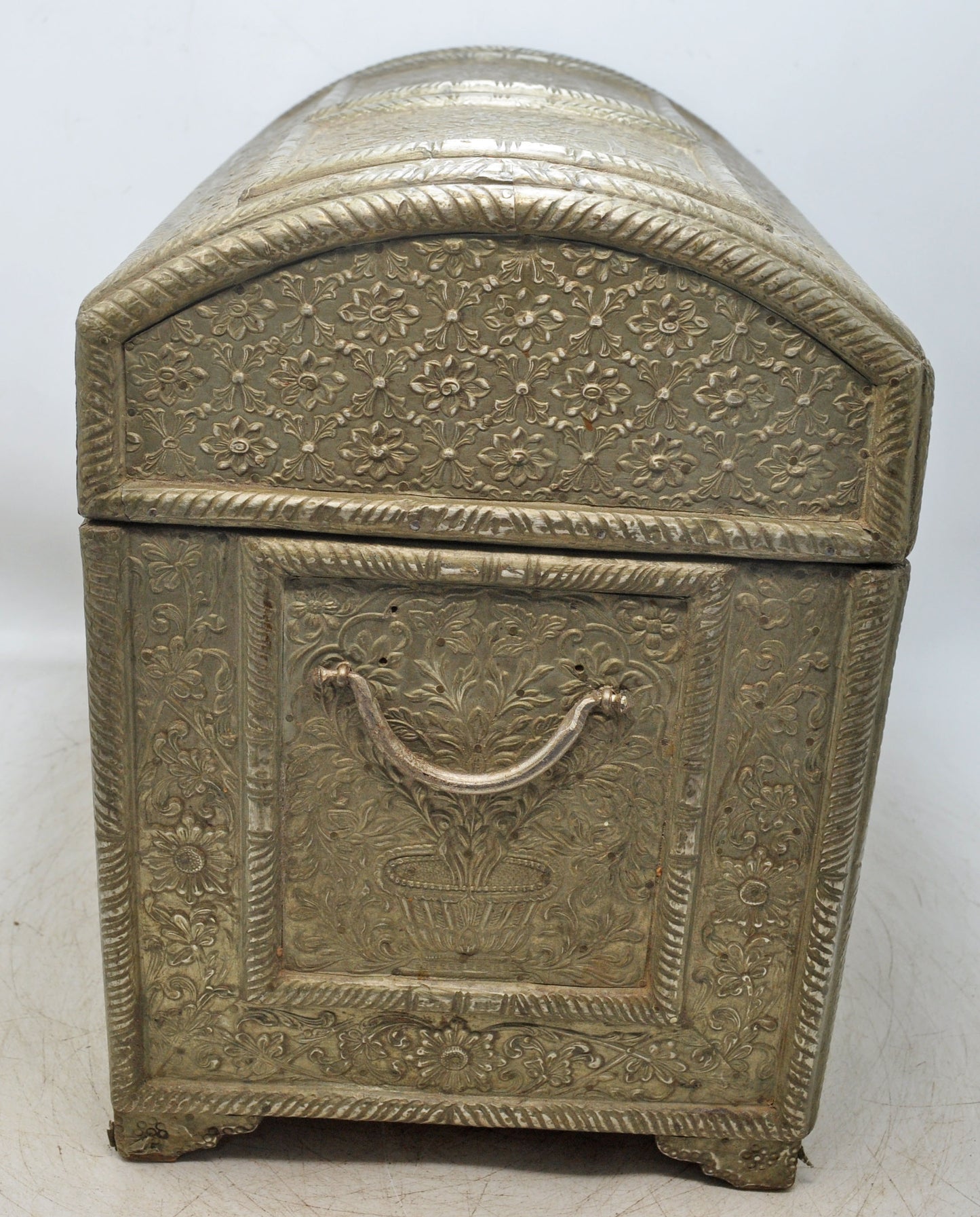 Antique Wooden Large Storage Chest Box Original Old Fine White Metal Fitted