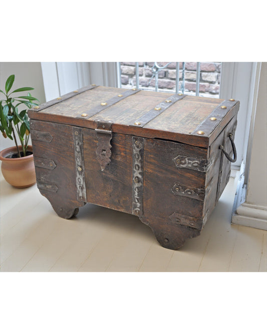 Antique Wooden Storage Chest Box Original Old Hand Crafted Metal Fitted