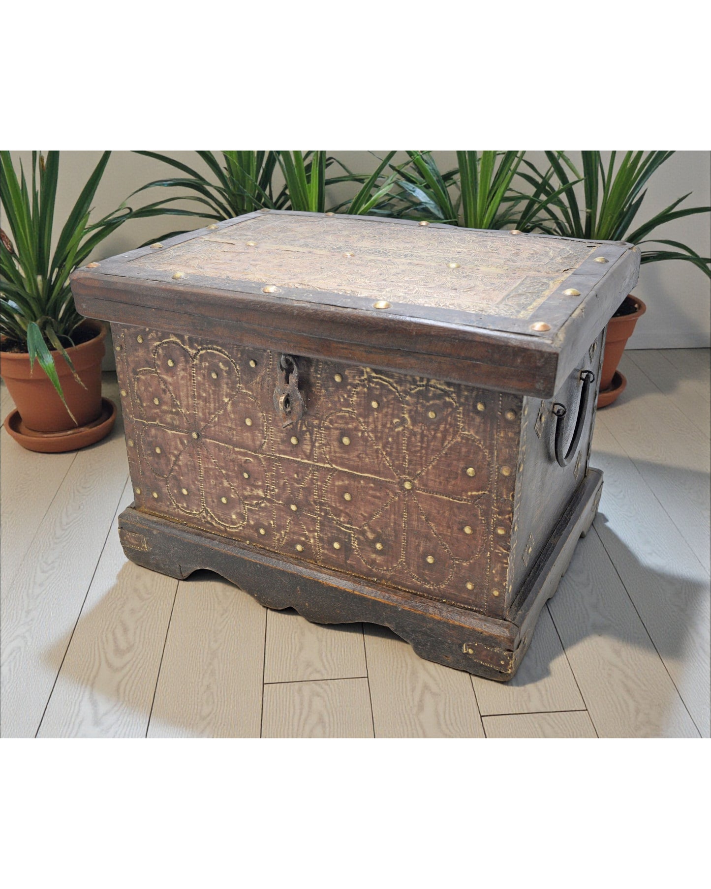 Antique Wooden Large Storage Chest Box Original Old Fine Brass Metal Fitted