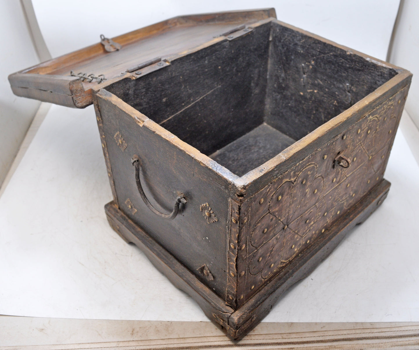 Antique Wooden Large Storage Chest Box Original Old Fine Brass Metal Fitted