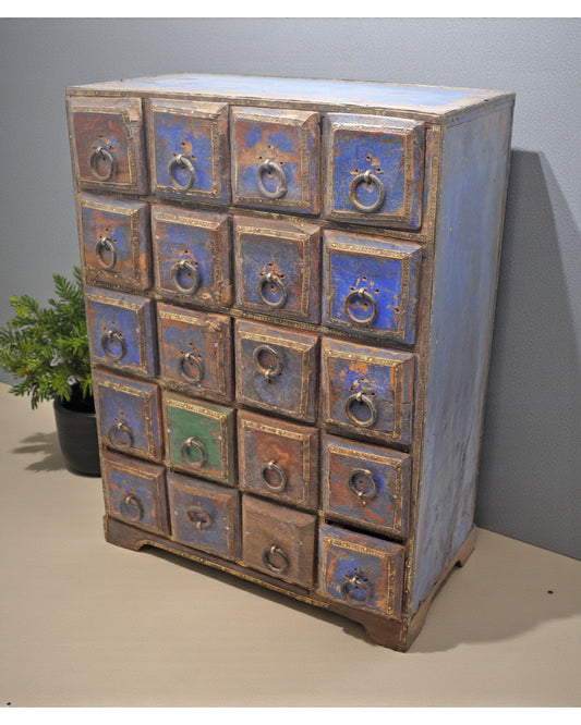 Vintage Wooden 20 Drawers Mini Storage Chest Original Old Hand Crafted Polychrome
