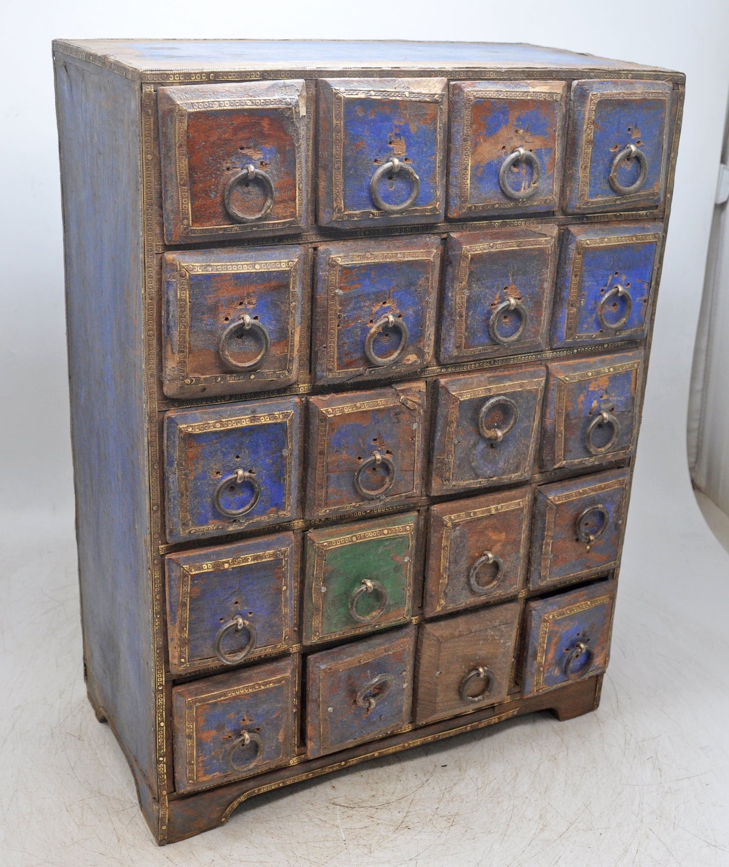 Vintage Wooden 20 Drawers Mini Storage Chest Original Old Hand Crafted Polychrome