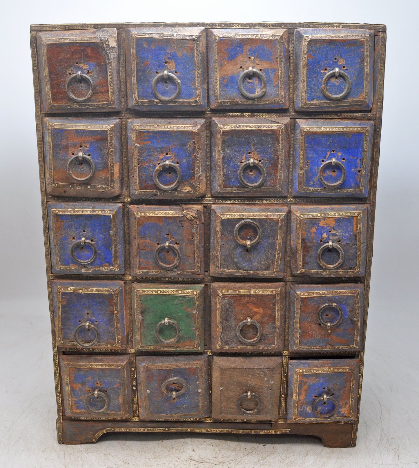 Vintage Wooden 20 Drawers Mini Storage Chest Original Old Hand Crafted Polychrome