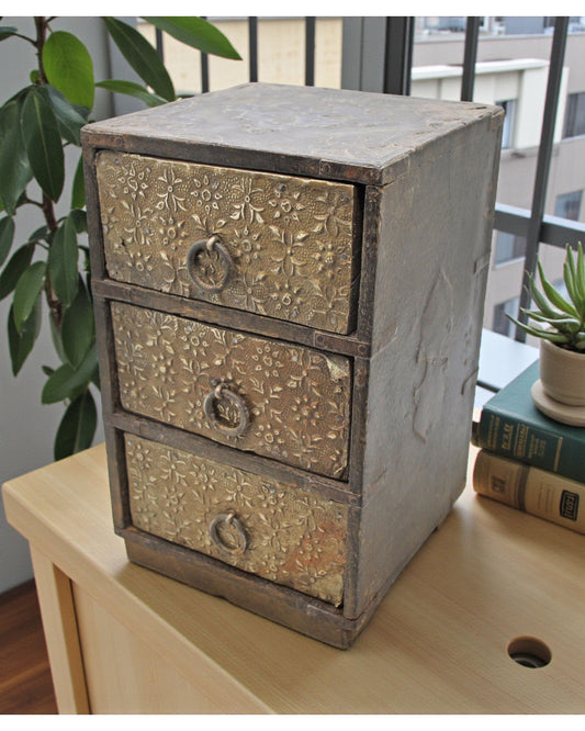 Vintage Wooden 3 Drawers Mini Storage Chest Original Old Hand Crafted Brass Fitted