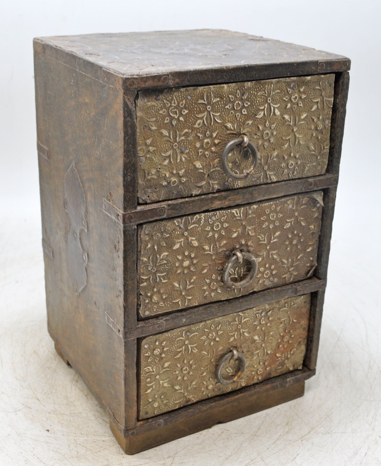 Vintage Wooden 3 Drawers Mini Storage Chest Original Old Hand Crafted Brass Fitted