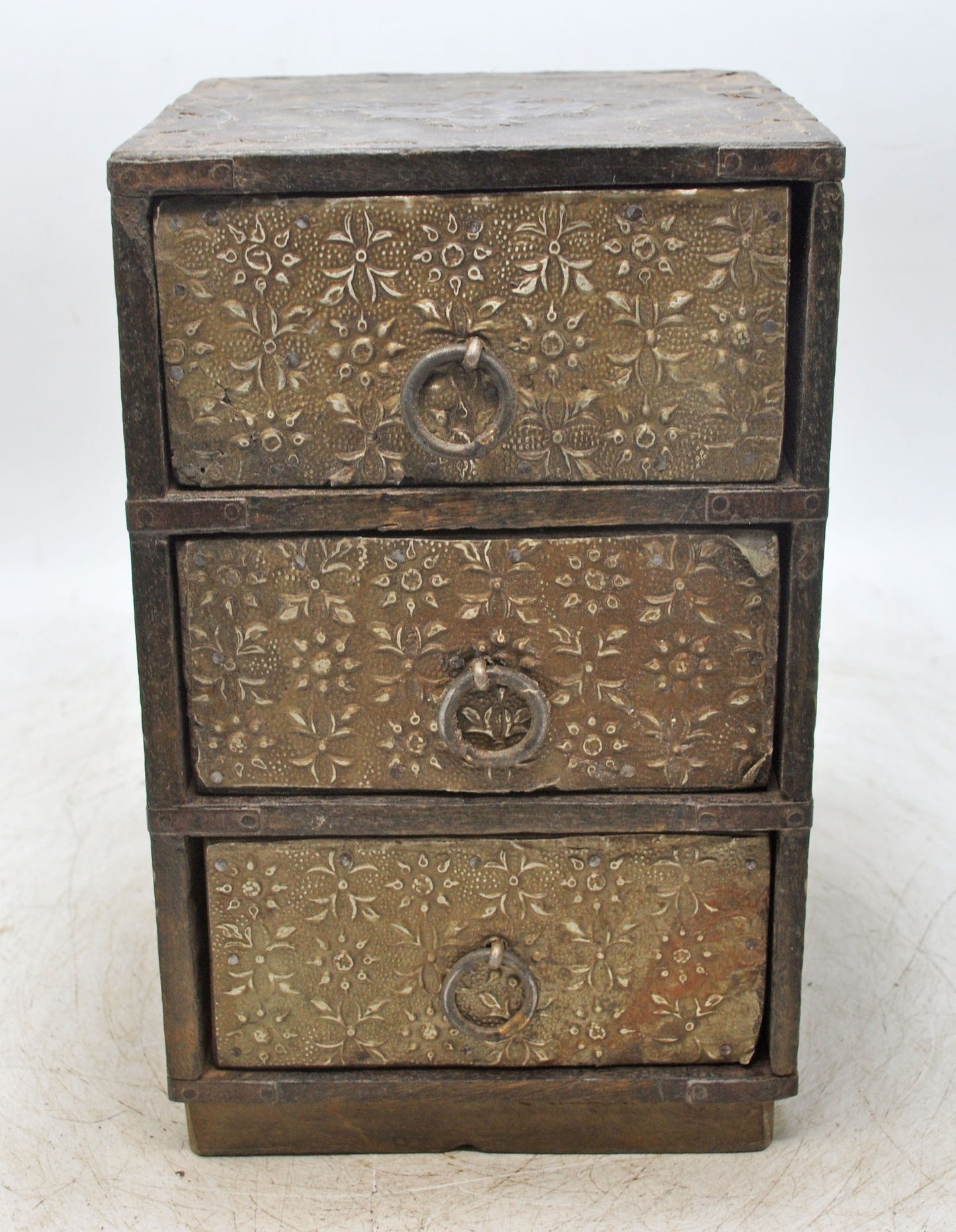 Vintage Wooden 3 Drawers Mini Storage Chest Original Old Hand Crafted Brass Fitted